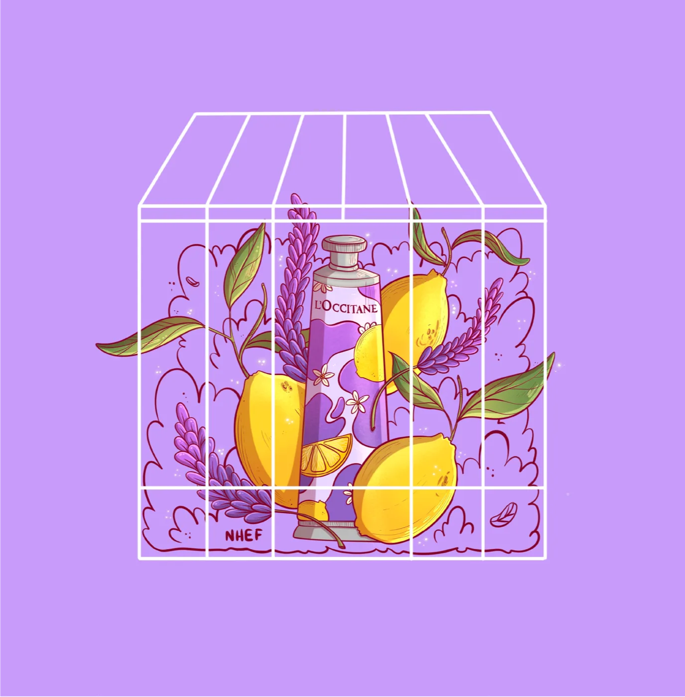 Concept piece inspired by L'Occitane, lemons and lavender behind white bars — illustration by Lizy Del Busto